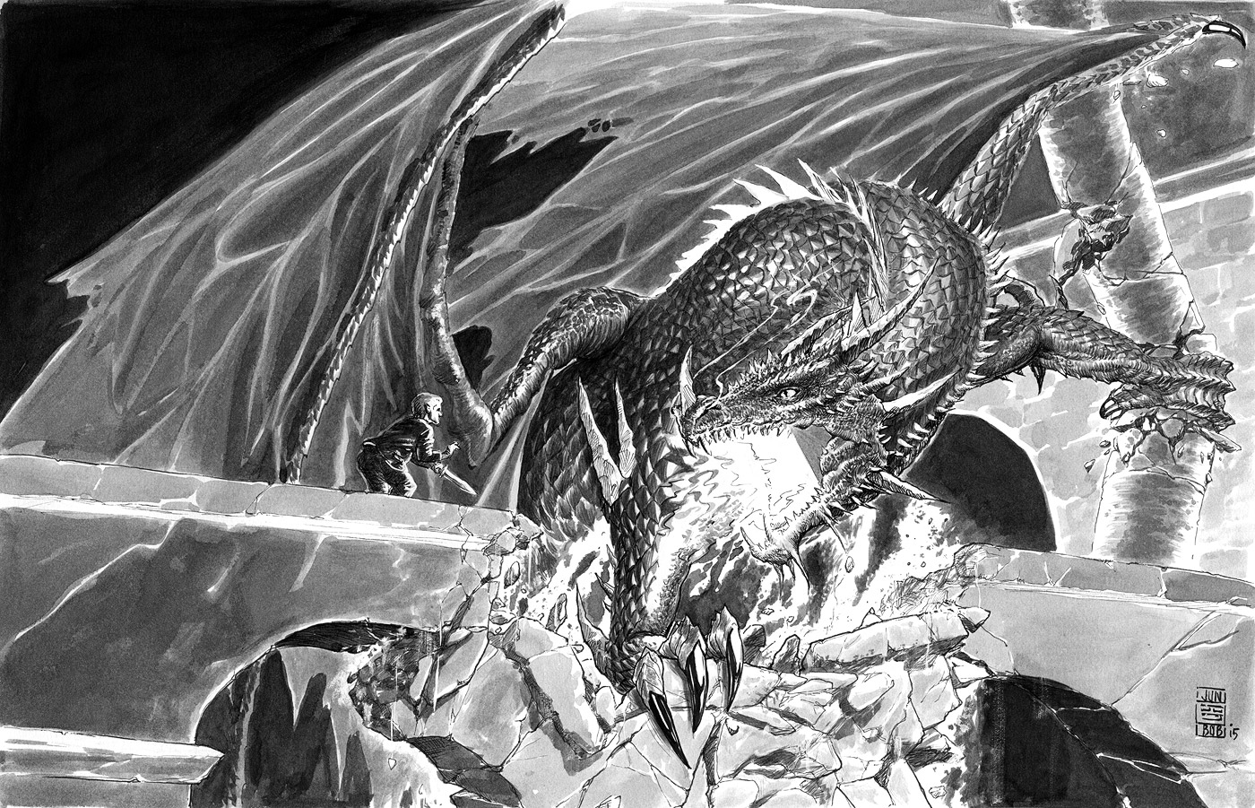 Bilbo Baggins Faces Smaug by Jun Bob Kim. Inkwash on 17"x11" Bristol Board.